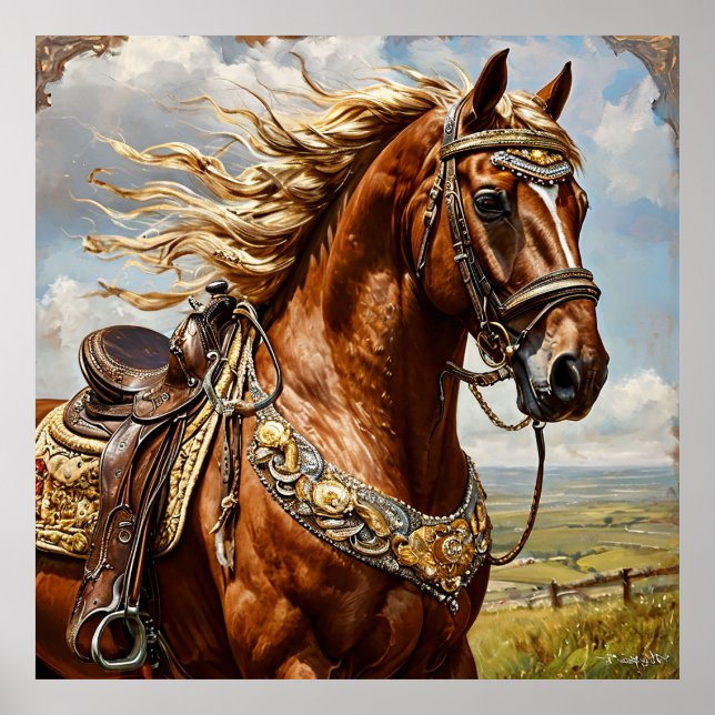 Poster Cheval de châtaignes avec selle ornée sous ciel en (Devant)