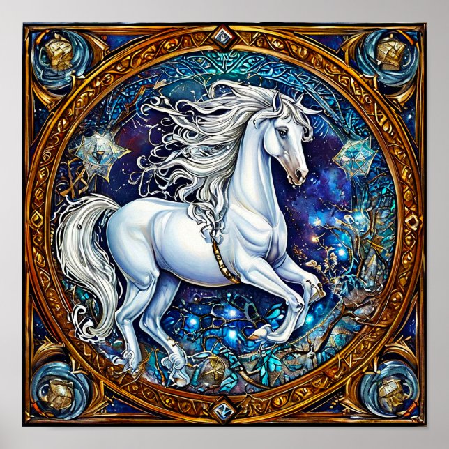 Poster Cheval de conte de fées orné Cercle fantaisie Élég (Devant)