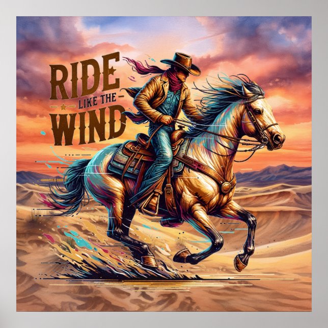 Poster Cheval de cow-boy occidental cool (Devant)