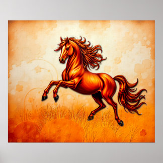 Poster Cheval de Feu Bondit, Or Orange, Grunge Artistique