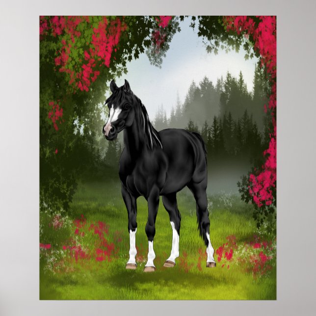 Poster Cheval de l'Arabe Noir dans la prairie de printemp (Devant)