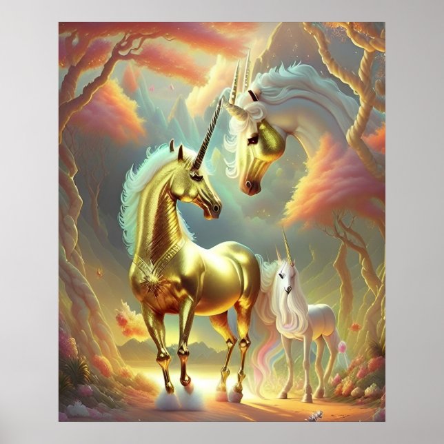 Poster Cheval de licorne magique en or enchanté (Devant)