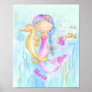 Poster Cheval de mer Mermaid aquarelle art nom personnali