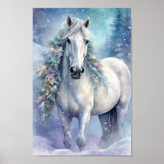 Poster Cheval d'hiver aux fleurs