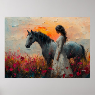 Poster Cheval et femme enchanteurs dans un coucher de sol