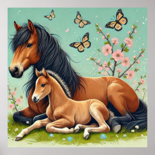 Poster Cheval et poulain se reposent dans un cadre de pri