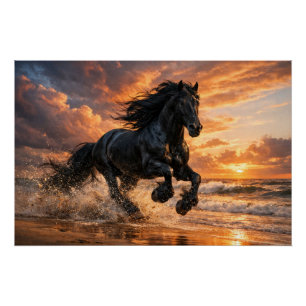 Poster Cheval Frison Noir au Coucher du Soleil, Course Pu