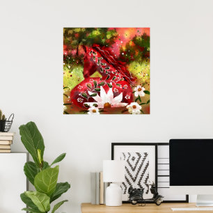 Poster Cheval marguerrier Art Abstrait Rouge Blanc Vert F