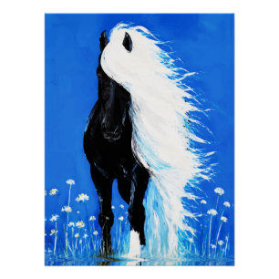 Poster Cheval noir à crinière blanche marchant sur l'eau
