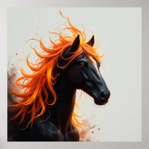 Poster Cheval Noir avec Fleur de Fleur Orange Mane
