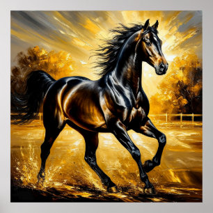 Poster Cheval noir galopant dans l'eau sous un coucher de