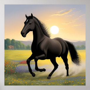 Poster Cheval noir majestueux en train de courir