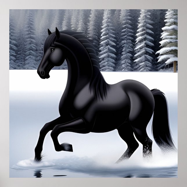 Poster Cheval noir majestueux en train de danser sur une  (Devant)