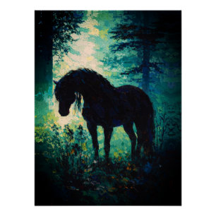 Poster Cheval Noir Mystérieux dans la Forêt
