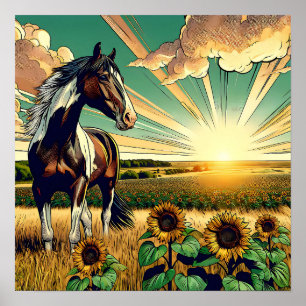 Poster Cheval Pinto dans un champ de tournesol
