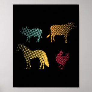 Poster Cheval Poulet Cochon Vache Ferme Fermier Rétro 70s