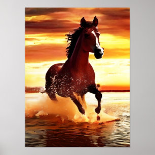 Poster Cheval Sauvage Galopant à Travers les Vagues