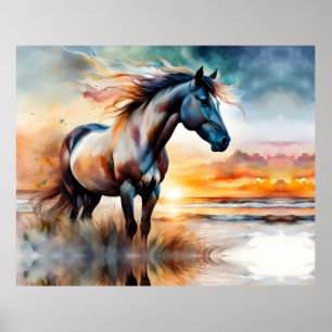 Poster Cheval sauvage sur la dune de Grassy au coucher du