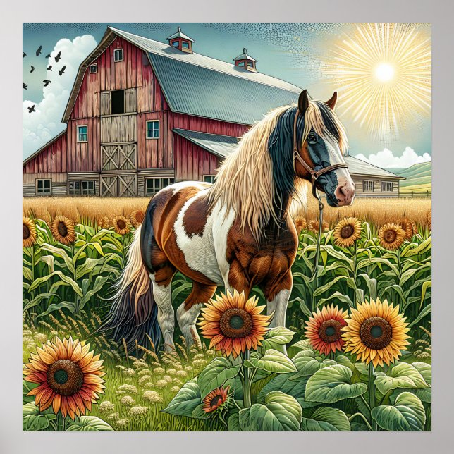 Poster Cheval tacheté, Grange rustique, Soleil levant à l (Devant)