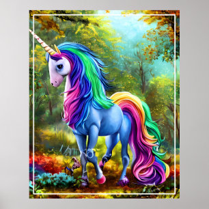 Poster Cheval Unicorne coloré dans la forêt-46567