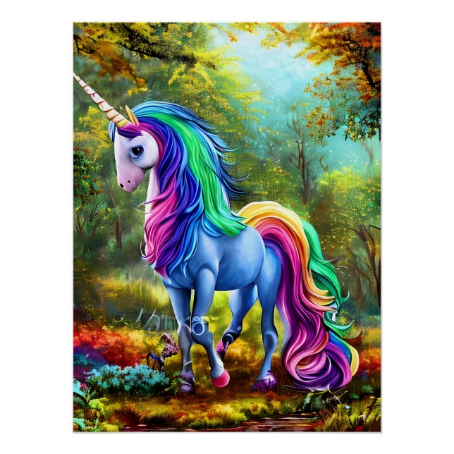 Poster Cheval Unicorne coloré dans la forêt-46567 (Devant)