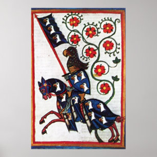 Poster CHEVALIER BLEU À CHEVAL Miniature médiévale