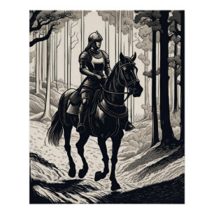 Poster Chevalier femme à cheval dans la forêt