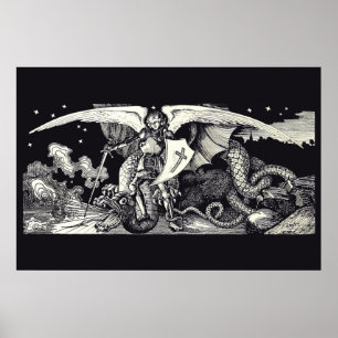 Poster Chevalier médiéval et dragon