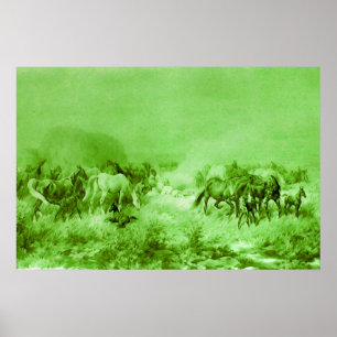 Poster CHEVAUX AU PÂTURAGE Antique Vert Clair