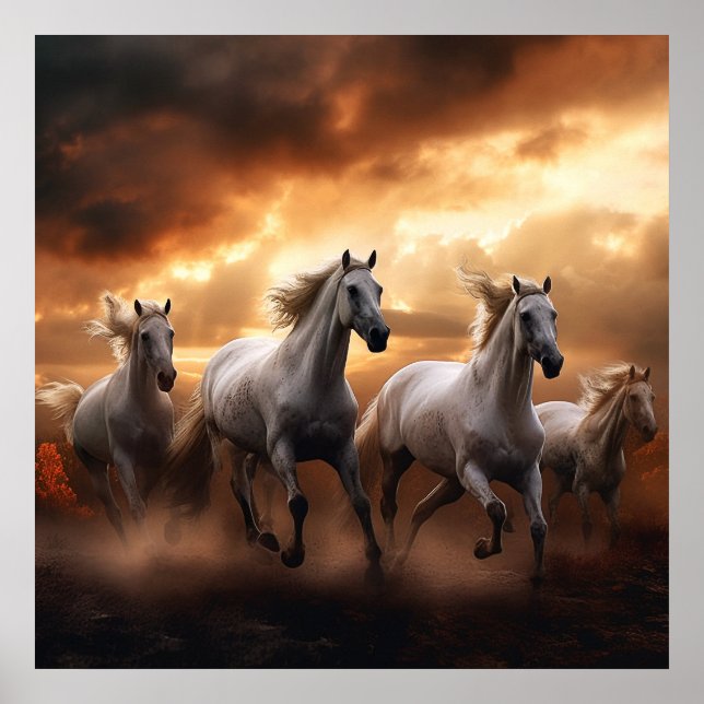 Poster chevaux blancs au coucher du soleil (Devant)