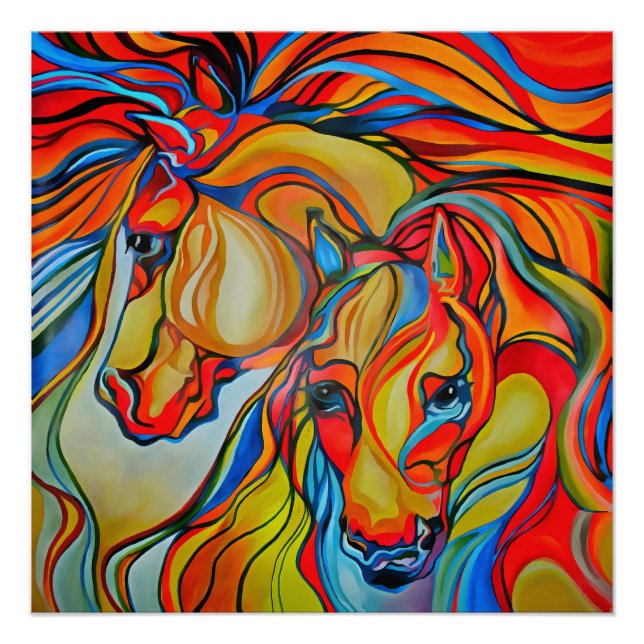 Poster Chevaux colorés Art Abstrait (Devant)