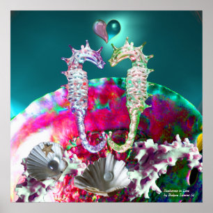 POSTER CHEVAUX DE MER EN AMOUR, ROSE TURQUOISE BLEU MÈRE 