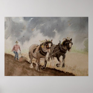 Poster Chevaux de trait labourant sous un ciel lourd