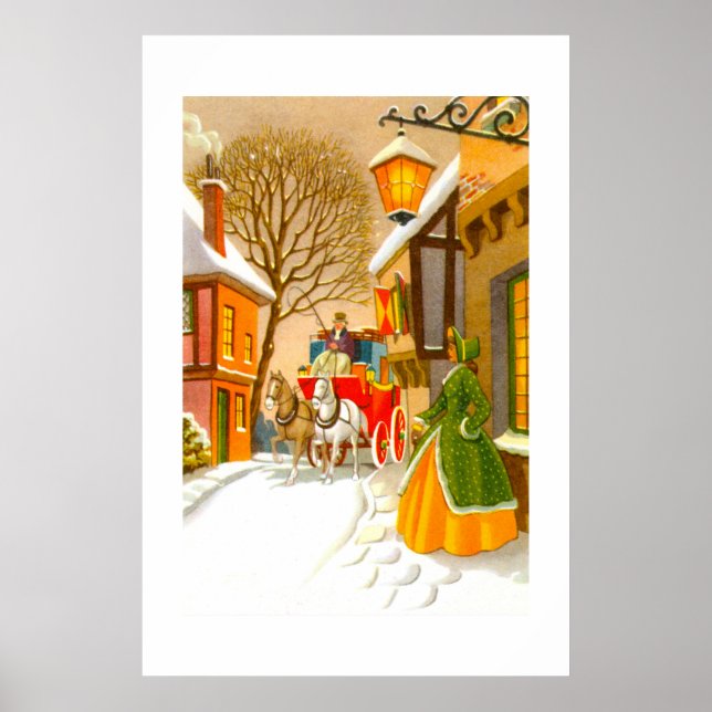 Poster Chevaux et chariot dans la neige (Devant)