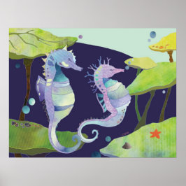 Poster Chevaux marins bleus violets sous la mer