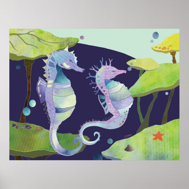 Poster Chevaux marins bleus violets sous la mer (Devant)