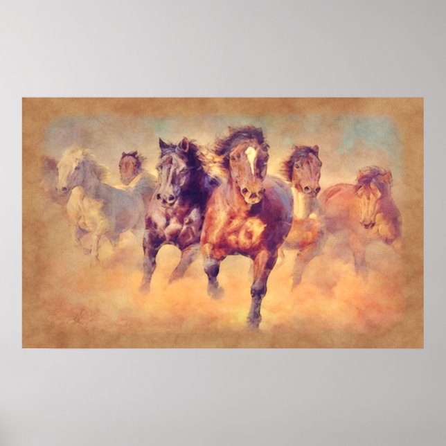 Poster Chevaux Mustang Sauvages Stampede Aquarelle (Devant)