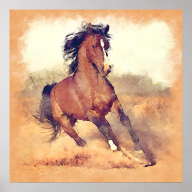 Poster Chevaux Mustang Sauvages Stampede Aquarelle (Devant)