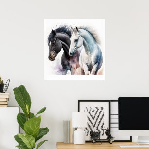 Poster Chevaux noir et blanc en aquarelle