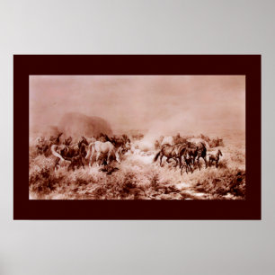 Poster CHEVAUX PÂTURANT Brun antique ,Sépia