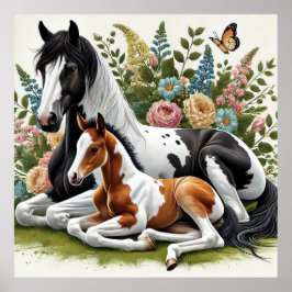Poster Chevaux reposant parmi les fleurs et la verdure vi