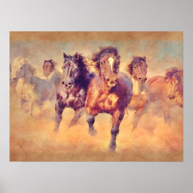 Poster Chevaux sauvages Mustang galopent Aquarelle (Devant)