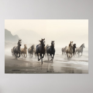 Poster Chevaux sauvages sur une plage brumeuse