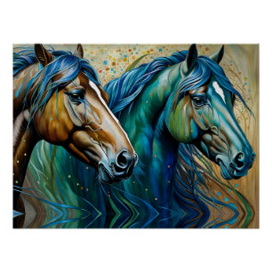 Poster Chevaux Turquoise bleu vert brun