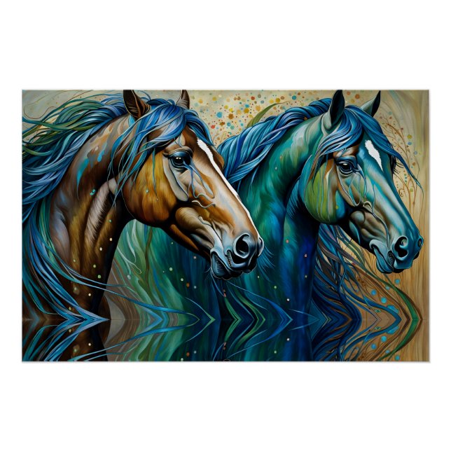 Poster Chevaux Turquoise bleu vert brun (Devant)