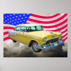 Poster Chevrolet Bel Air 1955 Avec Drapeau Américain
