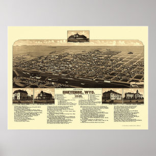Poster Cheyenne, carte panoramique de WY - 1882