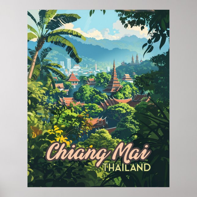 Poster Chiang Mai Thaïlande Asie Temples Monts Vintages (Devant)
