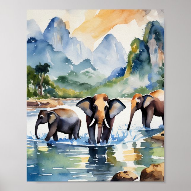Poster Chiang Mai Thaïlande Elephants Aquarelle (Devant)
