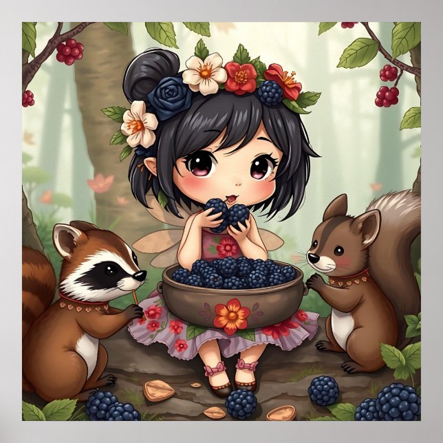 Poster Chibi Fairy Eating Blackberries with Forest Friend (Devant)